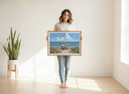 Father Daughter Beach Art art print shown in a person holding bright setting