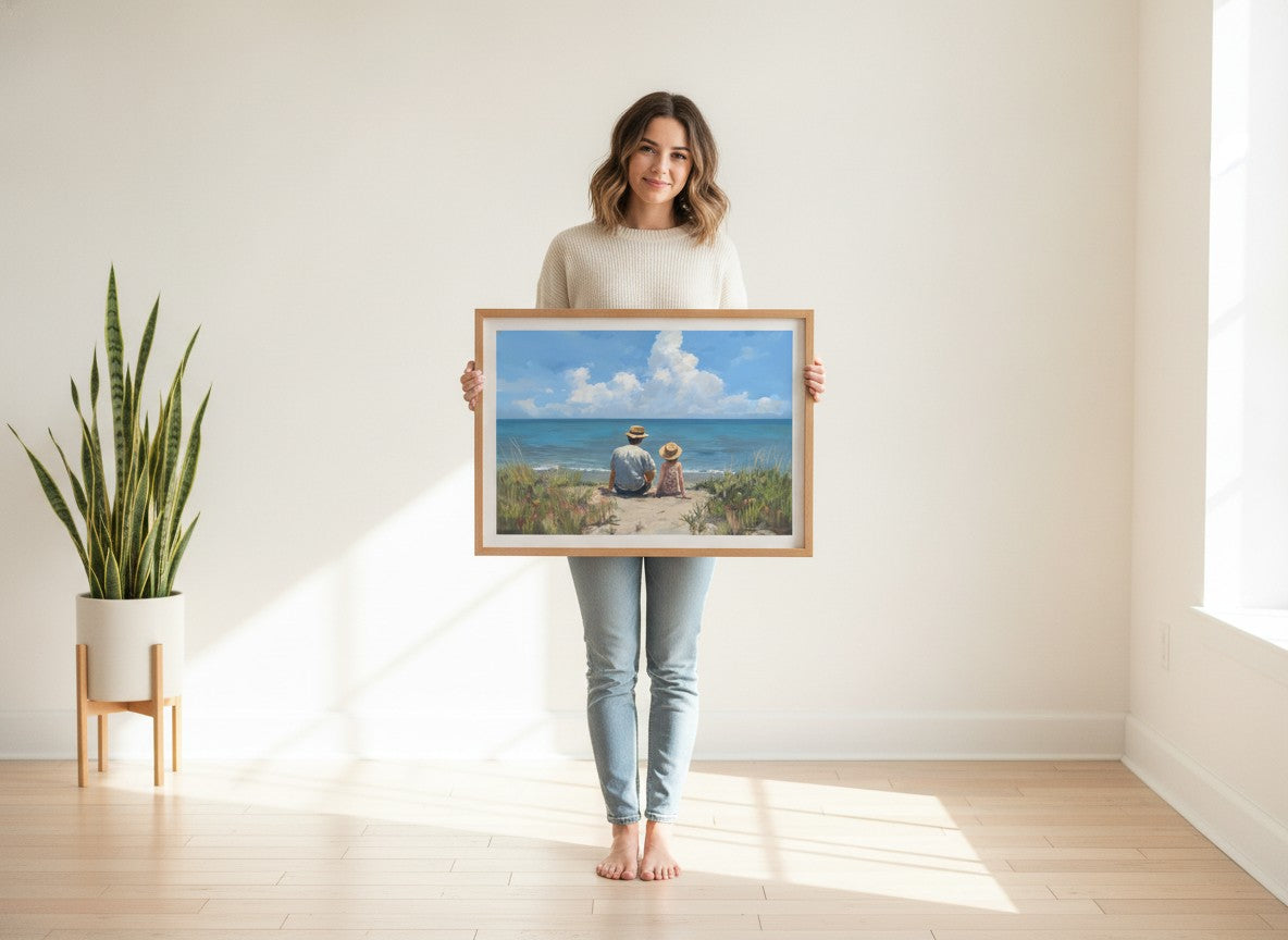 Father Daughter Beach Art art print shown in a person holding bright setting