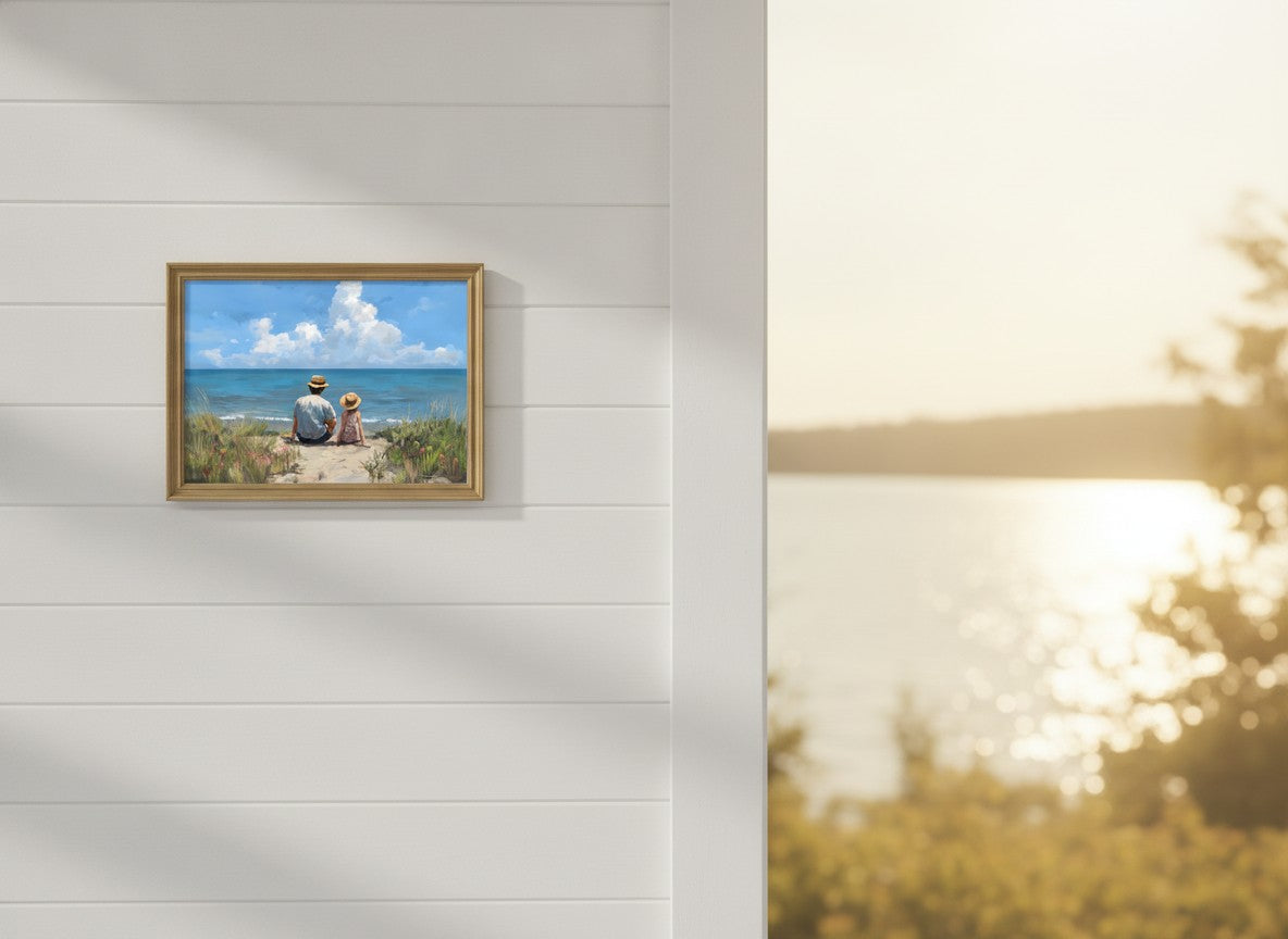 Father Daughter Beach Art art print shown in a shiplap blurred view setting