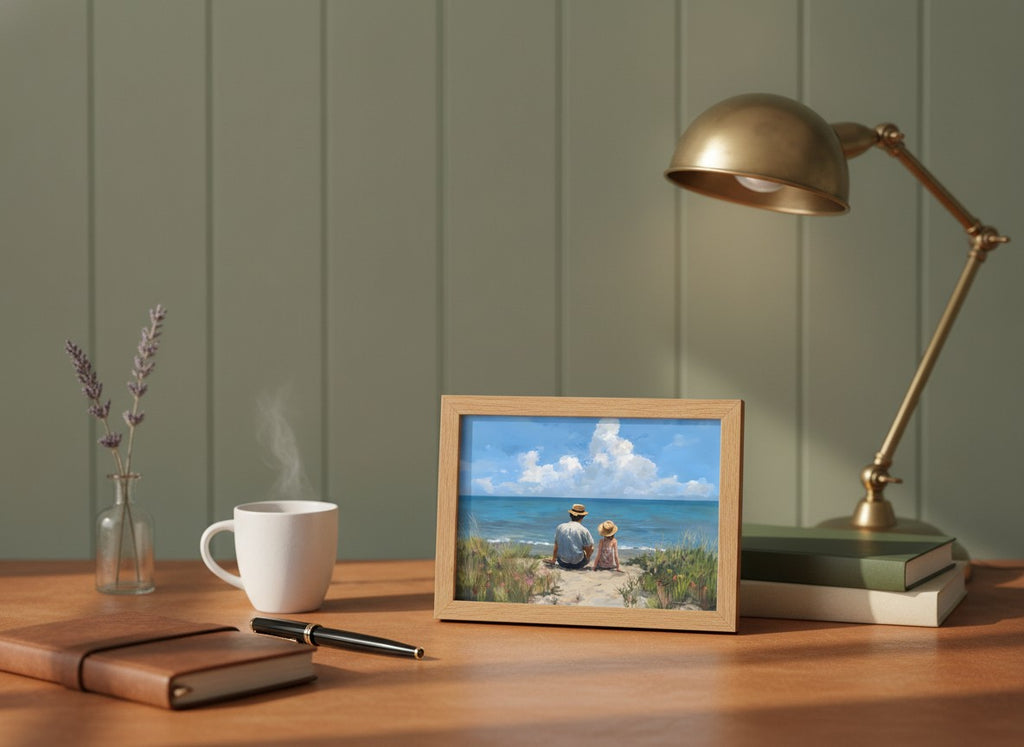 Father Daughter Beach Art art print shown in a small desk oak setting