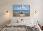 Father Daughter Beach Art art print shown in a wide above bed brushed brass setting