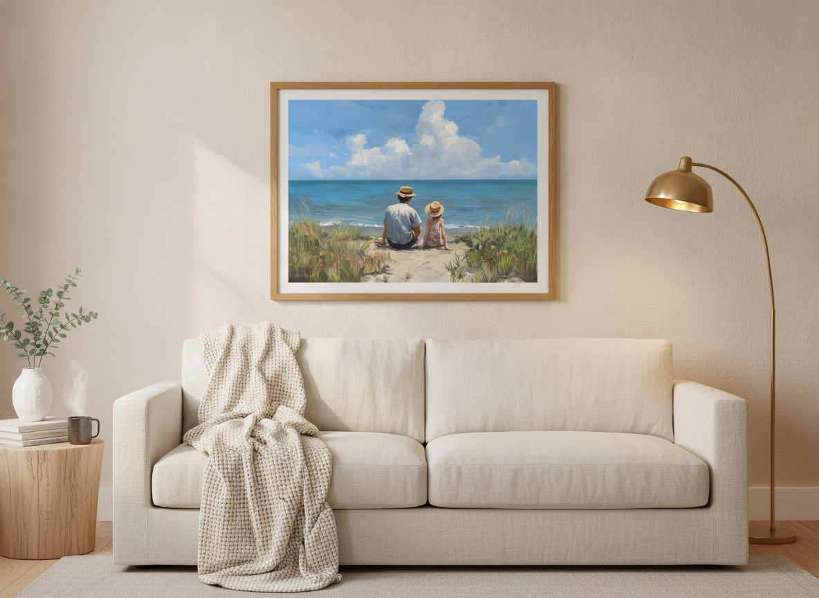 Father Daughter Beach Art art print shown in a wide above couch oak setting