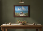 Father Daughter Beach Art art print shown in a wide dining statement olive setting