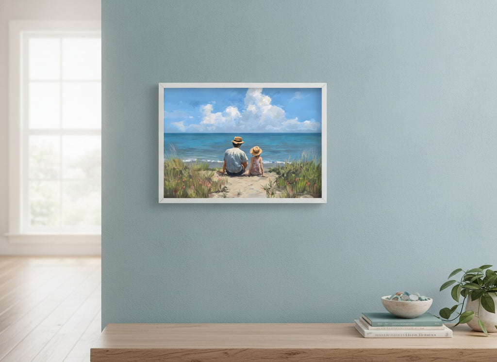 Father Daughter Beach Art art print shown in a wide hallway gallery coastal setting
