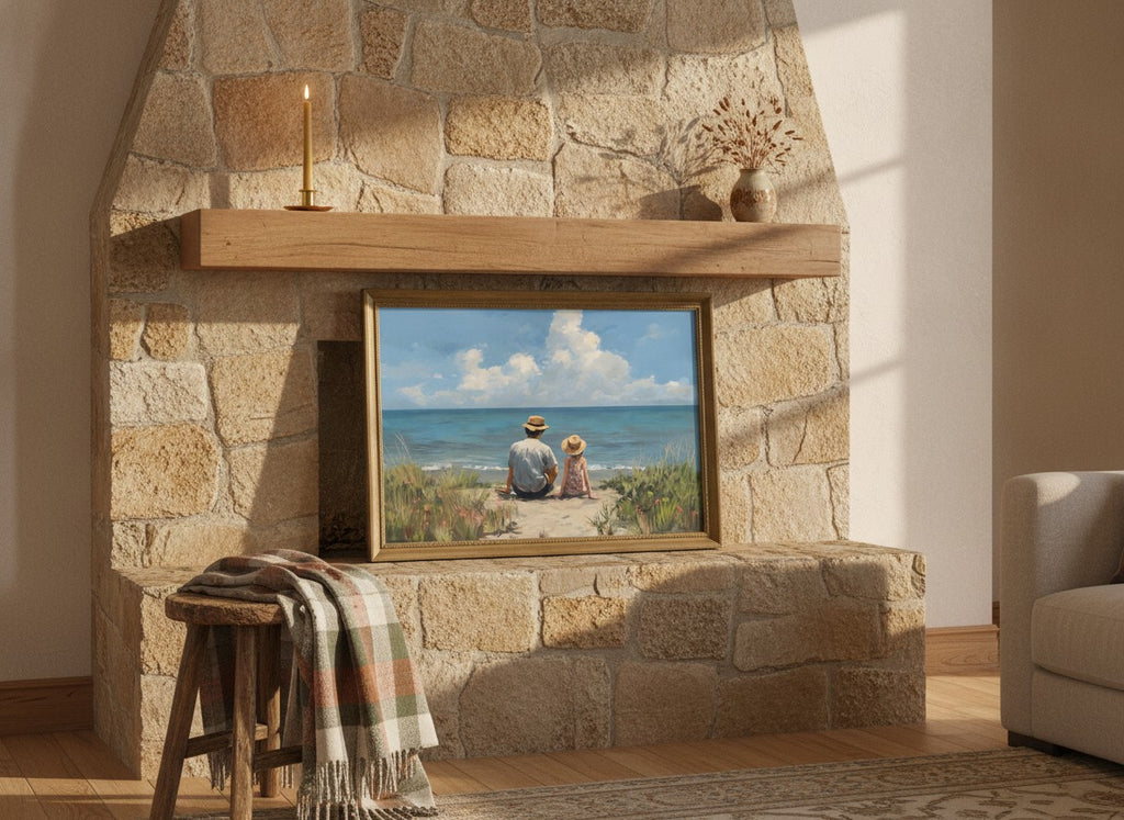 Father Daughter Beach Art art print shown in a wide mantel single brass setting