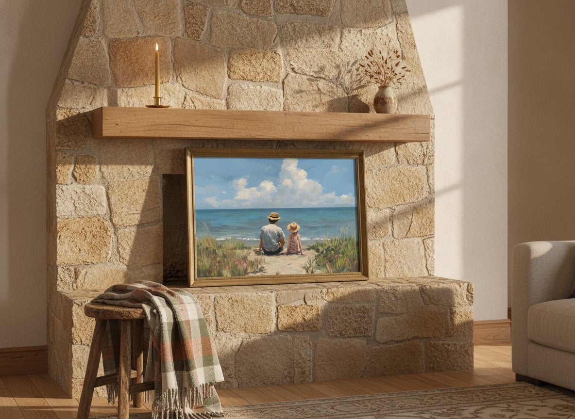 Father Daughter Beach Art art print shown in a wide mantel single brass setting
