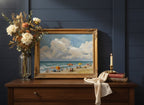 Vintage Summer Beach Scene Art art print shown in a dresser dried florals setting