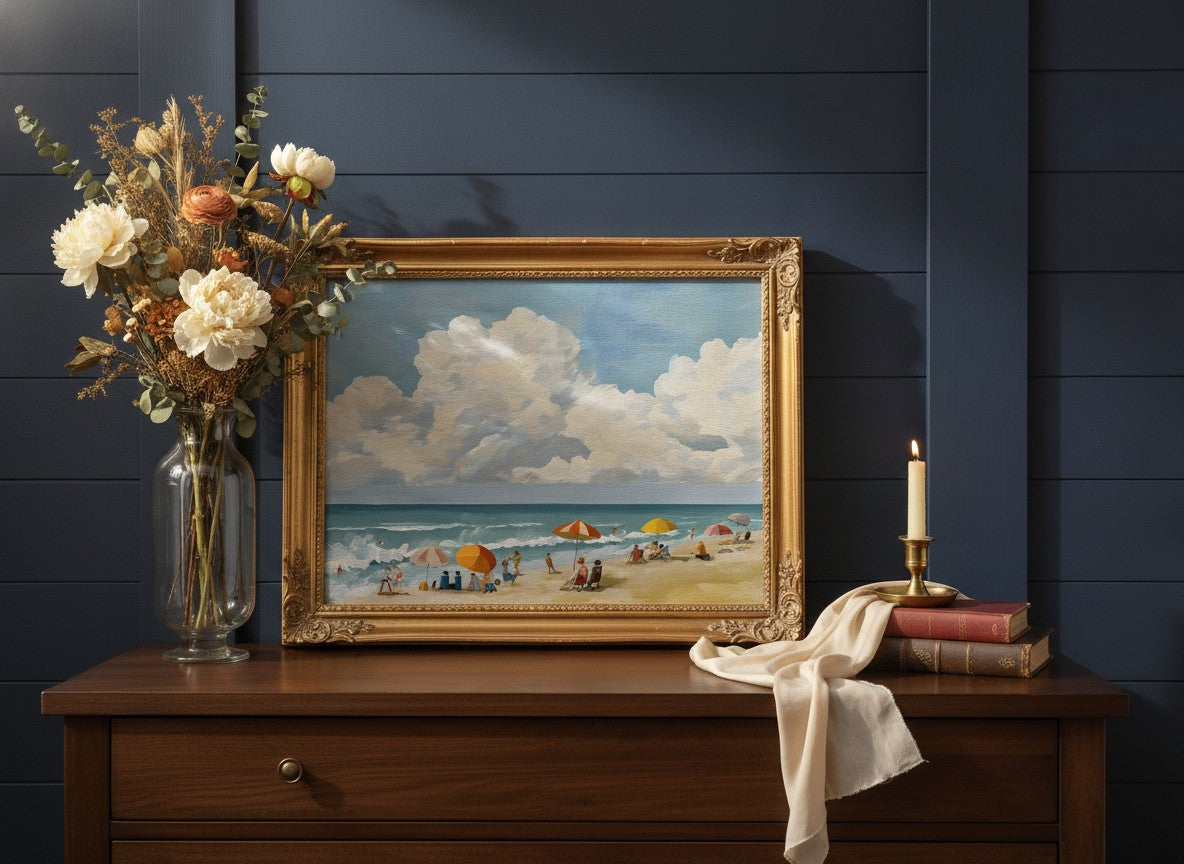 Vintage Summer Beach Scene Art art print shown in a dresser dried florals setting