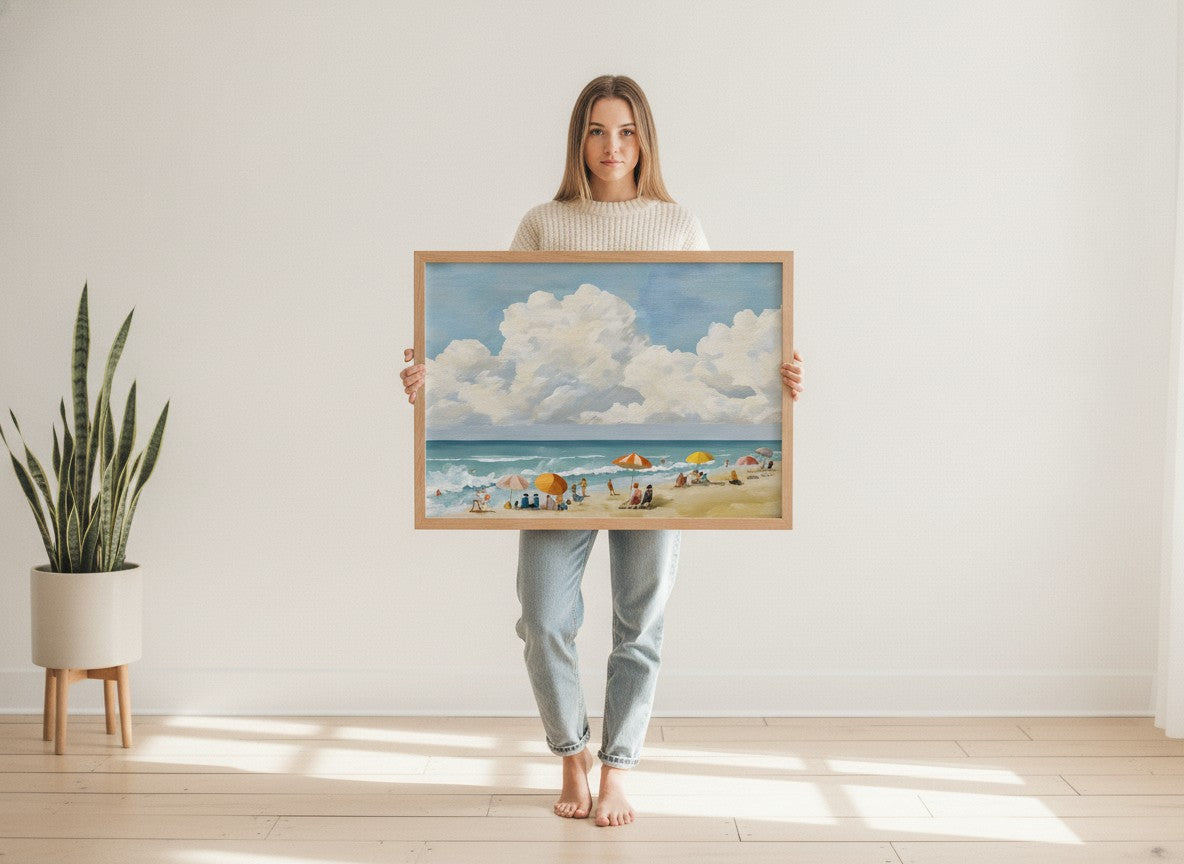 Vintage Summer Beach Scene Art art print shown in a person holding bright setting