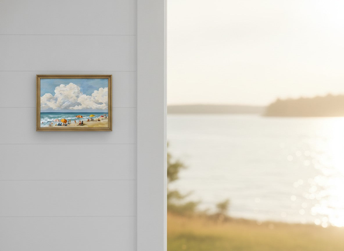 Vintage Summer Beach Scene Art art print shown in a shiplap blurred view setting