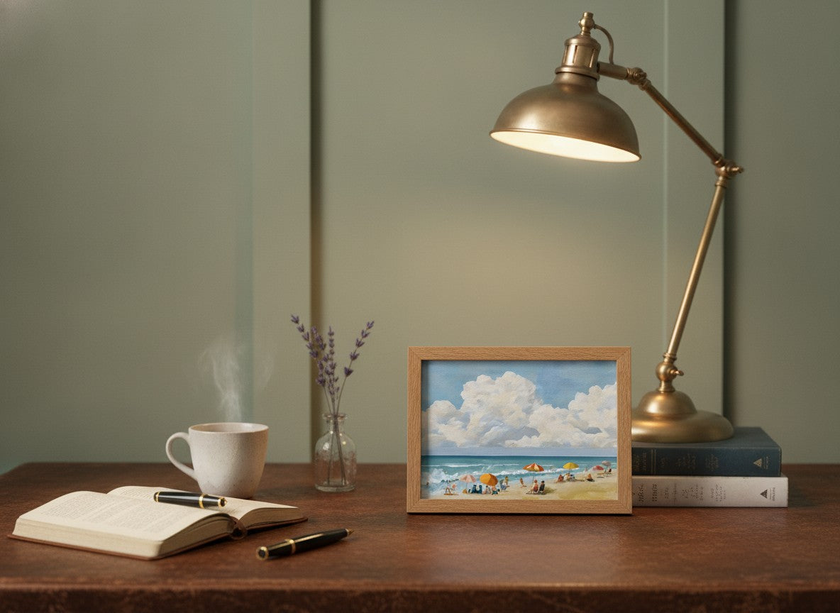 Vintage Summer Beach Scene Art art print shown in a small desk oak setting