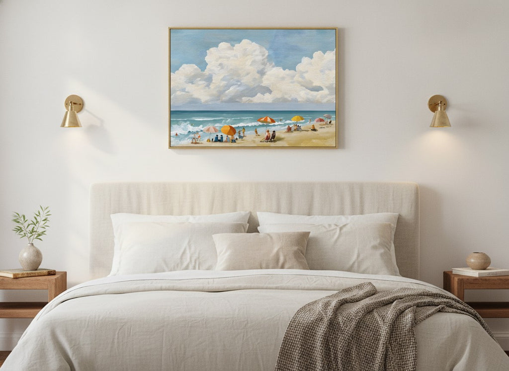 Vintage Summer Beach Scene Art art print shown in a wide above bed brushed brass setting