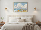 Vintage Summer Beach Scene Art art print shown in a wide above bed brushed brass setting