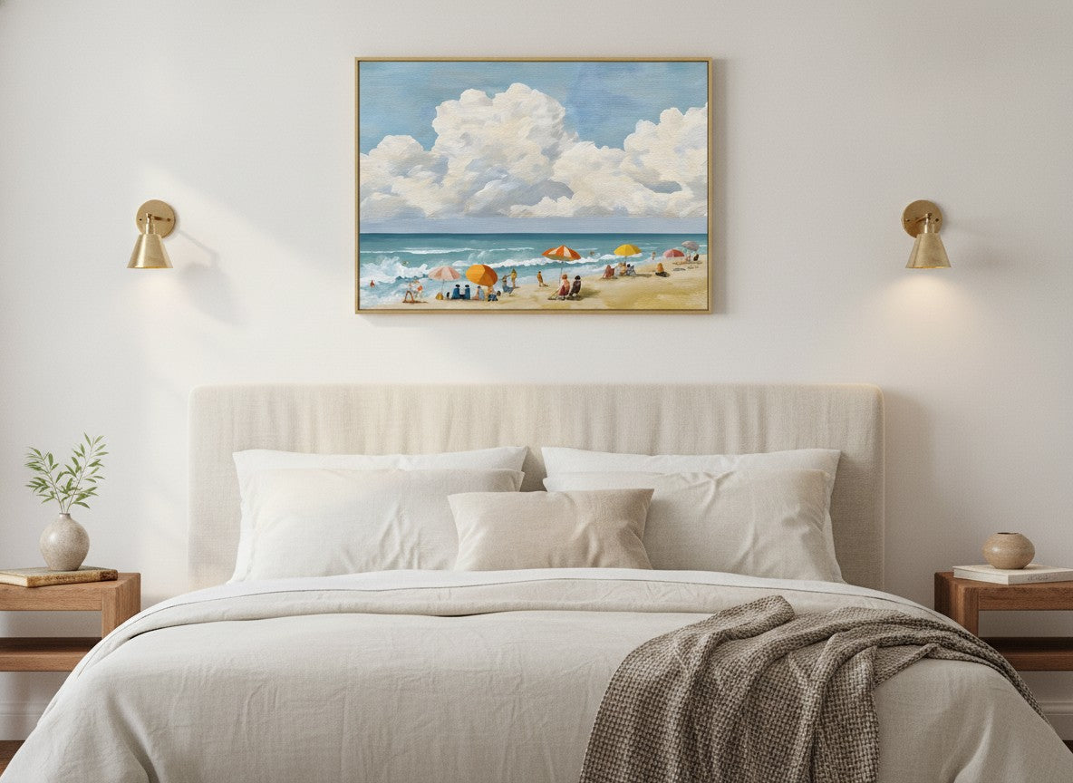 Vintage Summer Beach Scene Art art print shown in a wide above bed brushed brass setting
