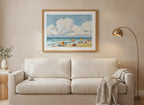 Vintage Summer Beach Scene Art art print shown in a wide above couch oak setting