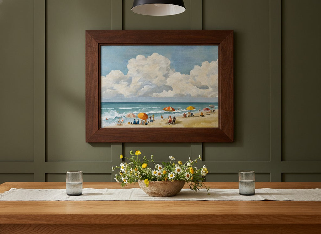 Vintage Summer Beach Scene Art art print shown in a wide dining statement olive setting