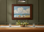 Vintage Summer Beach Scene Art art print shown in a wide dining statement olive setting