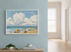 Vintage Summer Beach Scene Art art print shown in a wide hallway gallery coastal setting
