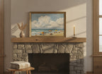 Vintage Summer Beach Scene Art art print shown in a wide mantel single brass setting