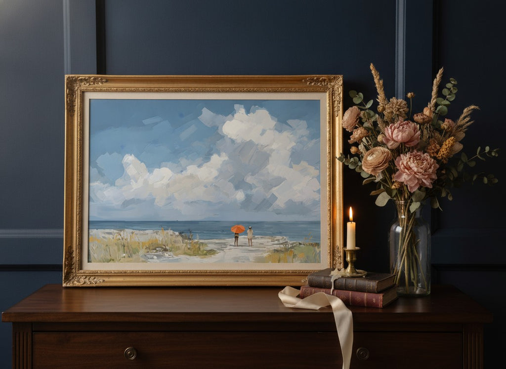 Beach Figures Ocean Painting art print shown in a dresser dried florals setting