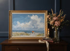 Beach Figures Ocean Painting art print shown in a dresser dried florals setting