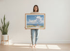 Beach Figures Ocean Painting art print shown in a person holding bright setting