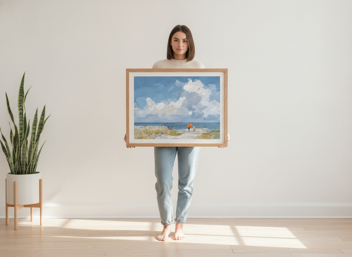 Beach Figures Ocean Painting art print shown in a person holding bright setting