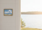 Beach Figures Ocean Painting art print shown in a shiplap blurred view setting