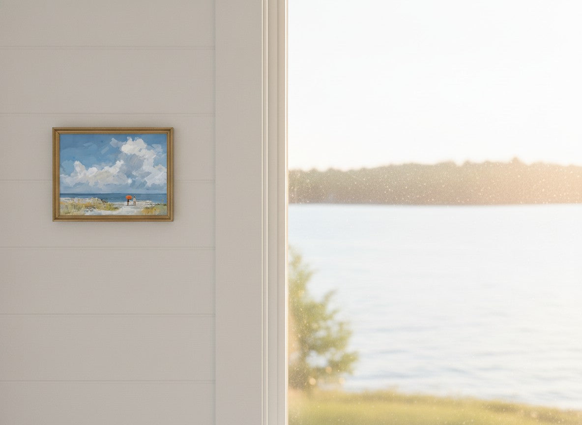 Beach Figures Ocean Painting art print shown in a shiplap blurred view setting
