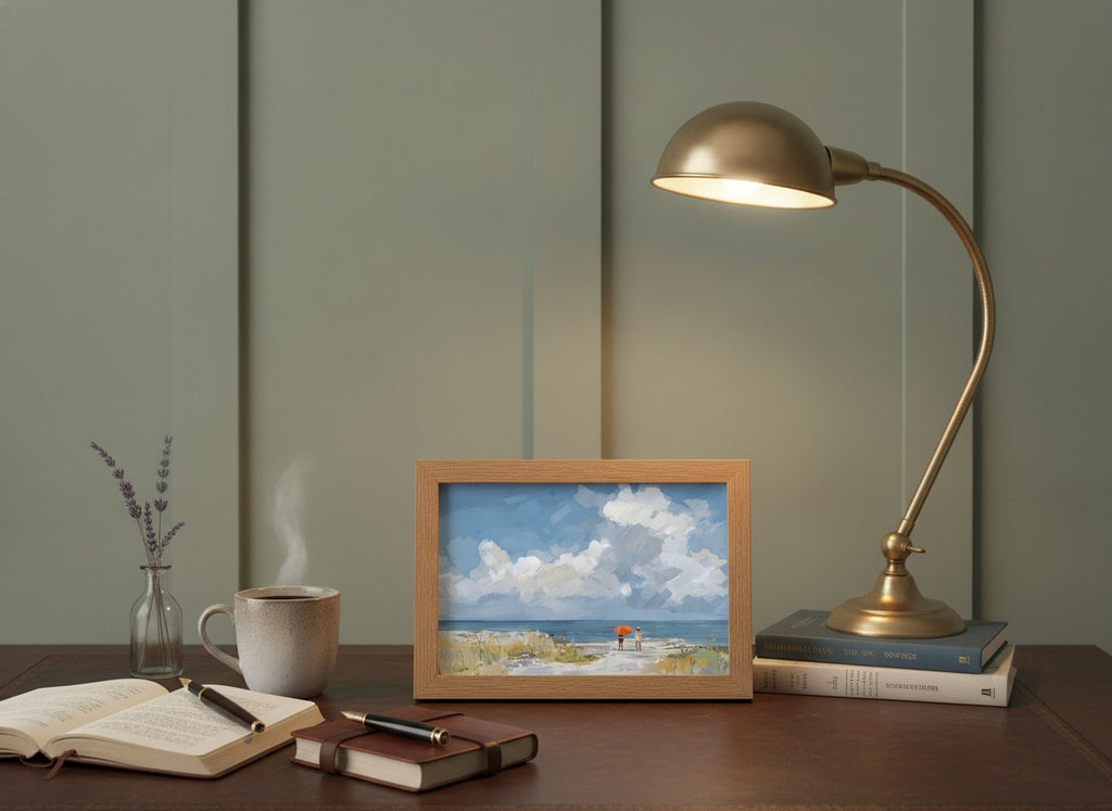 Beach Figures Ocean Painting art print shown in a small desk oak setting