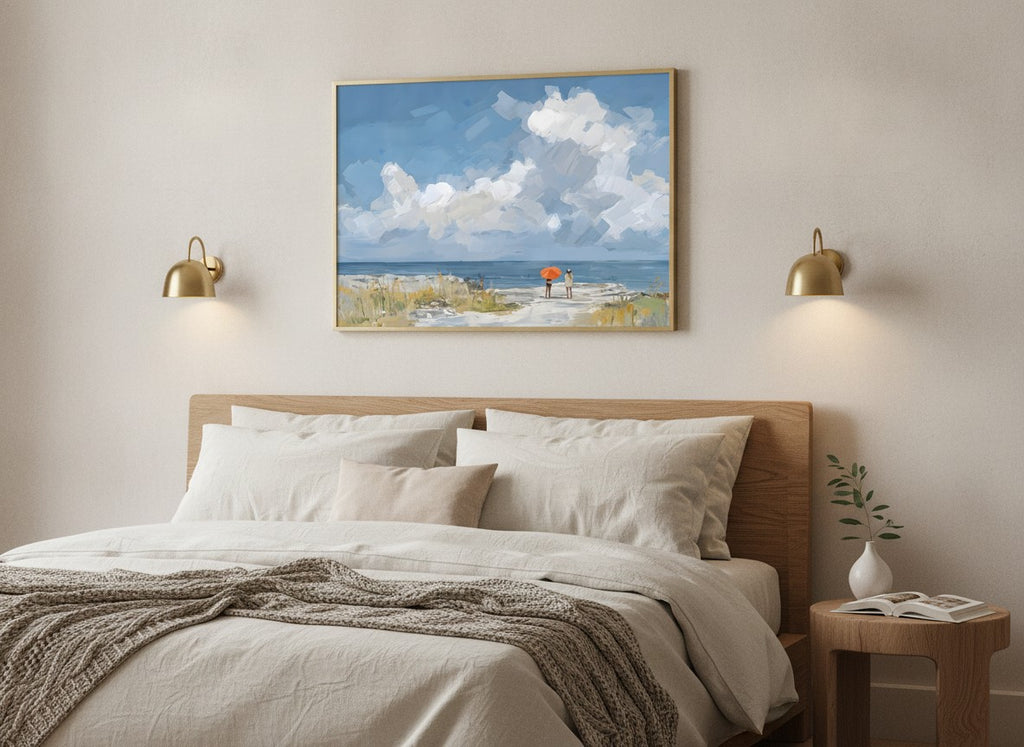 Beach Figures Ocean Painting art print shown in a wide above bed brushed brass setting