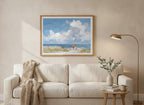 Beach Figures Ocean Painting art print shown in a wide above couch oak setting