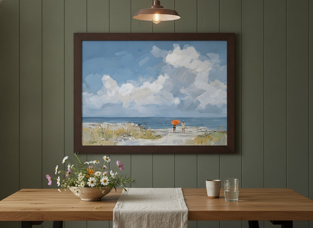 Beach Figures Ocean Painting art print shown in a wide dining statement olive setting