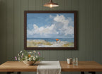 Beach Figures Ocean Painting art print shown in a wide dining statement olive setting