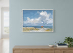Beach Figures Ocean Painting art print shown in a wide hallway gallery coastal setting