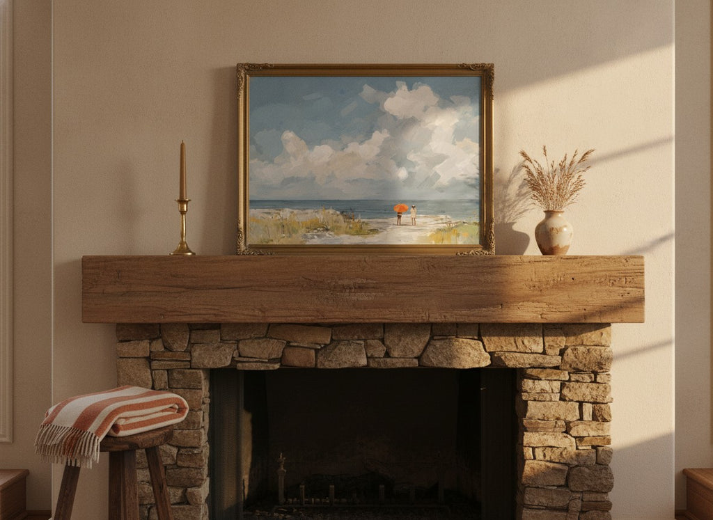 Beach Figures Ocean Painting art print shown in a wide mantel single brass setting