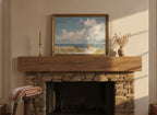 Beach Figures Ocean Painting art print shown in a wide mantel single brass setting