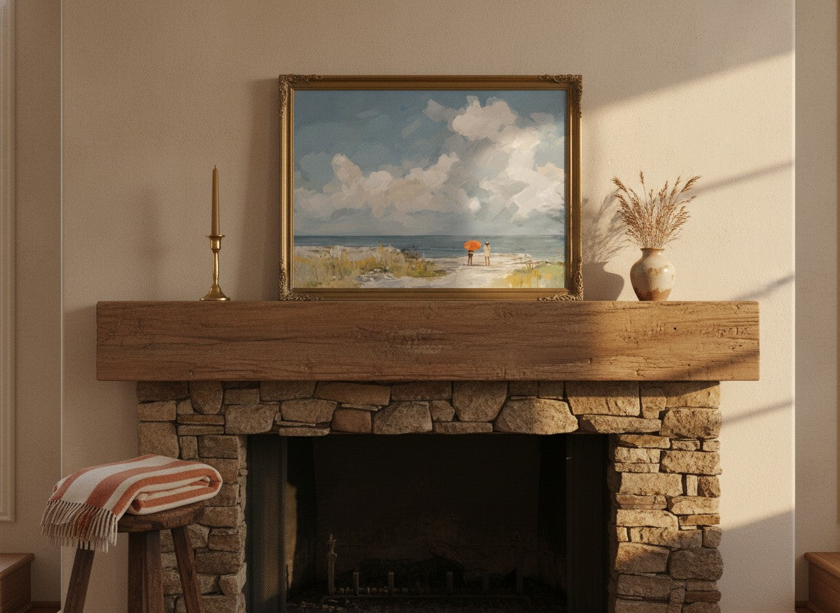 Beach Figures Ocean Painting art print shown in a wide mantel single brass setting