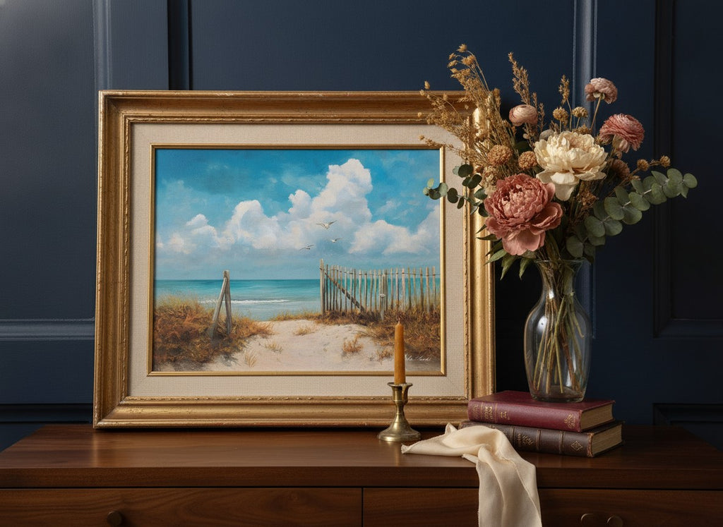 Coastal Beach Path Painting art print shown in a dresser dried florals setting