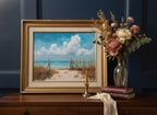 Coastal Beach Path Painting art print shown in a dresser dried florals setting