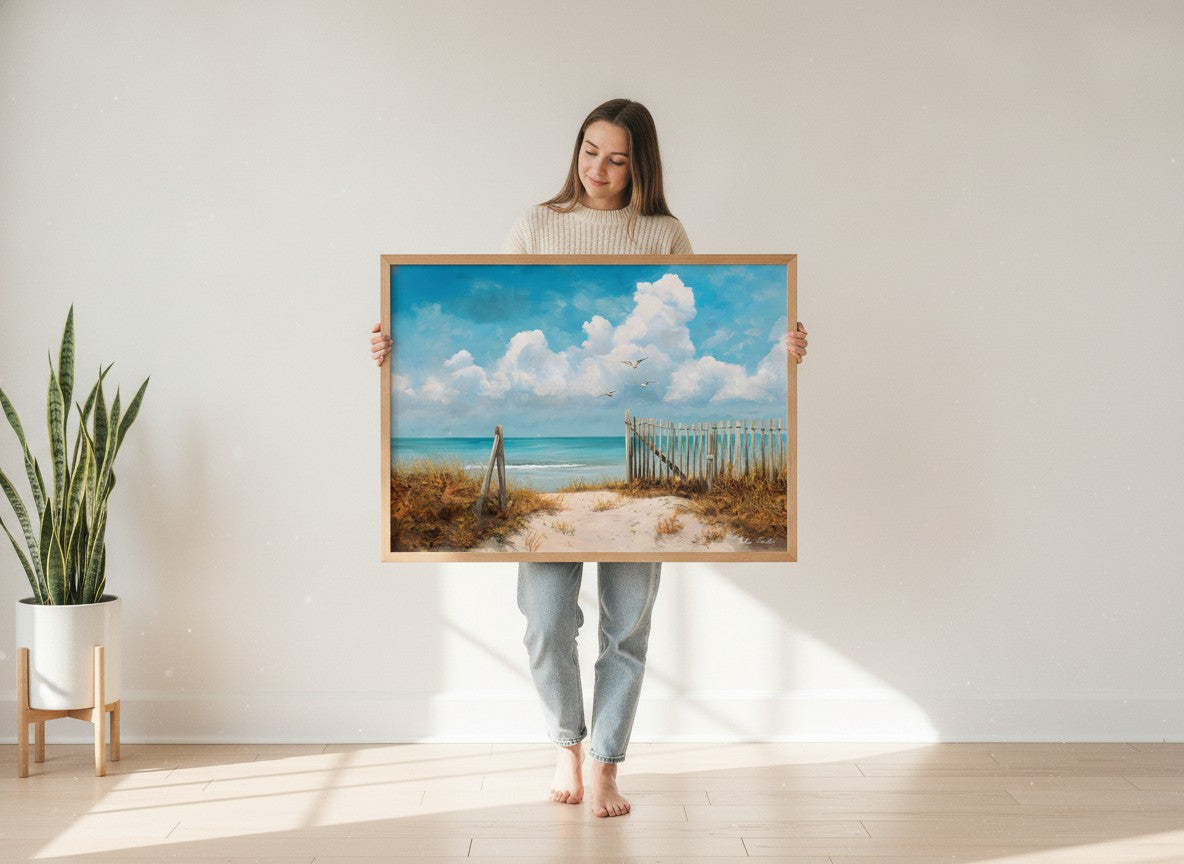 Coastal Beach Path Painting art print shown in a person holding bright setting