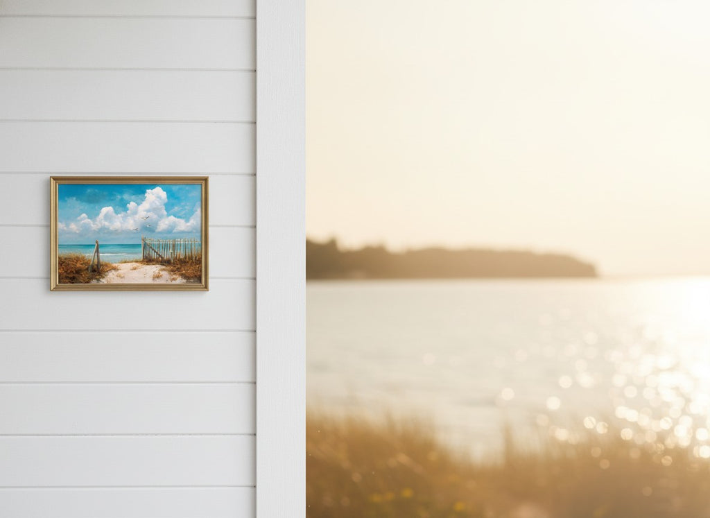 Coastal Beach Path Painting art print shown in a shiplap blurred view setting