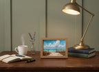 Coastal Beach Path Painting art print shown in a small desk oak setting