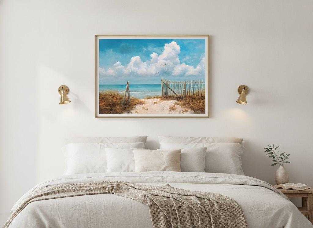 Coastal Beach Path Painting art print shown in a wide above bed brushed brass setting