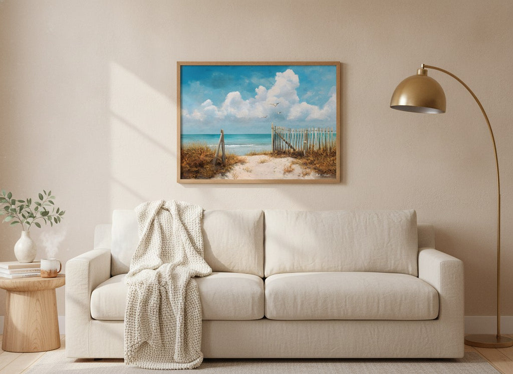 Coastal Beach Path Painting art print shown in a wide above couch oak setting