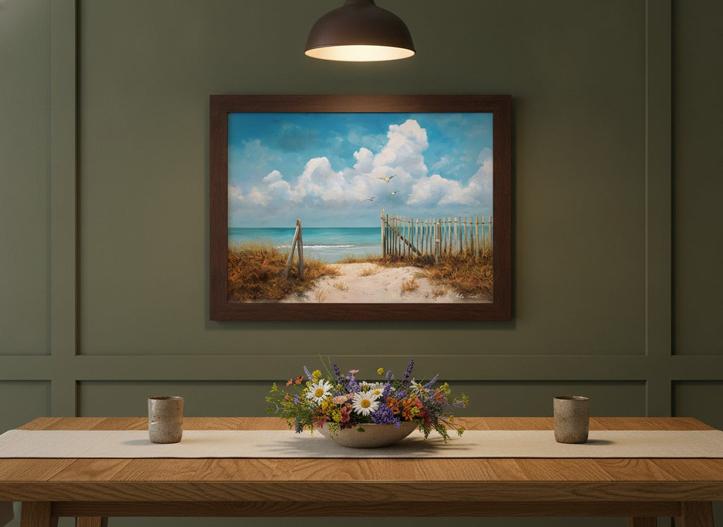 Coastal Beach Path Painting art print shown in a wide dining statement olive setting