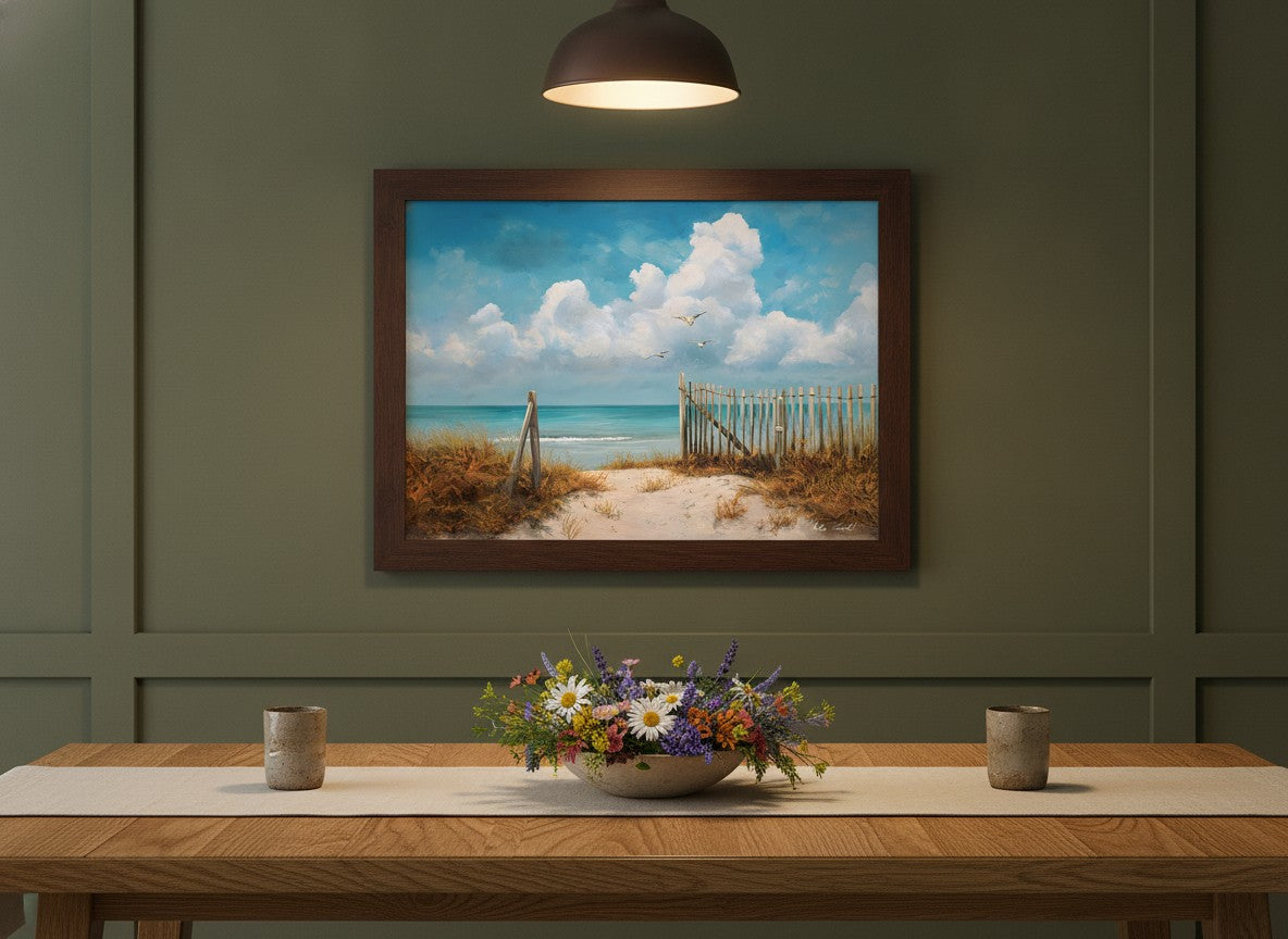 Coastal Beach Path Painting art print shown in a wide dining statement olive setting