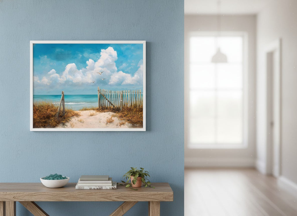 Coastal Beach Path Painting art print shown in a wide hallway gallery coastal setting