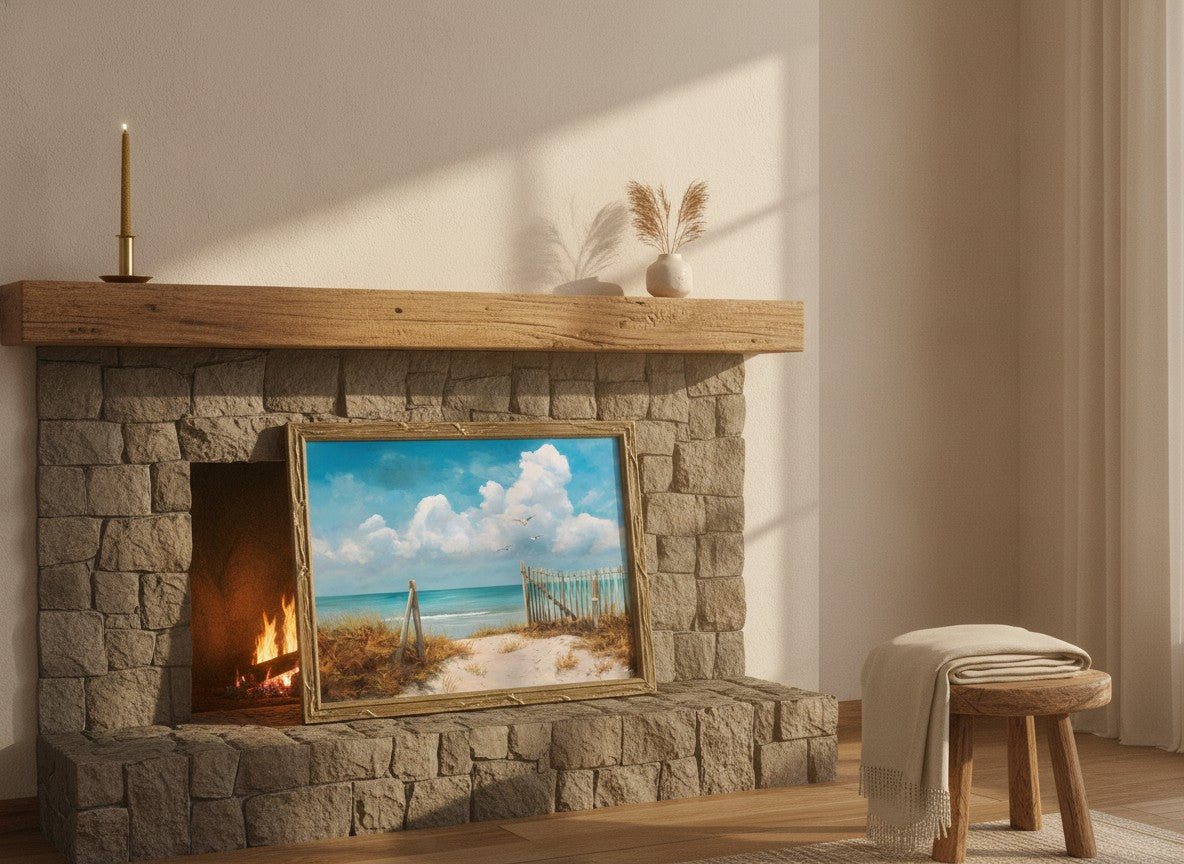 Coastal Beach Path Painting art print shown in a wide mantel single brass setting