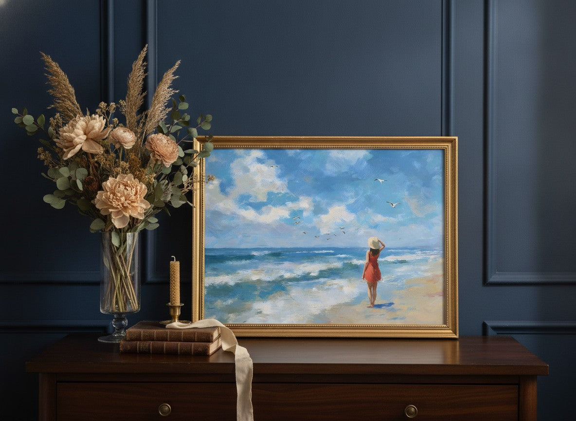 Woman on Beach Ocean Art art print shown in a dresser dried florals setting
